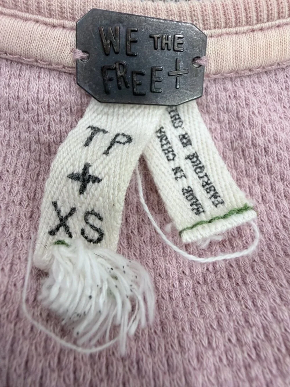 Free People We The Free Blush Pink Thermal Top Embroidered Mixed Media Cuffs XS